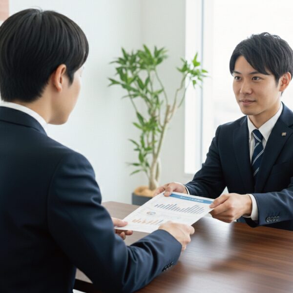 配布報告書を手渡す男性