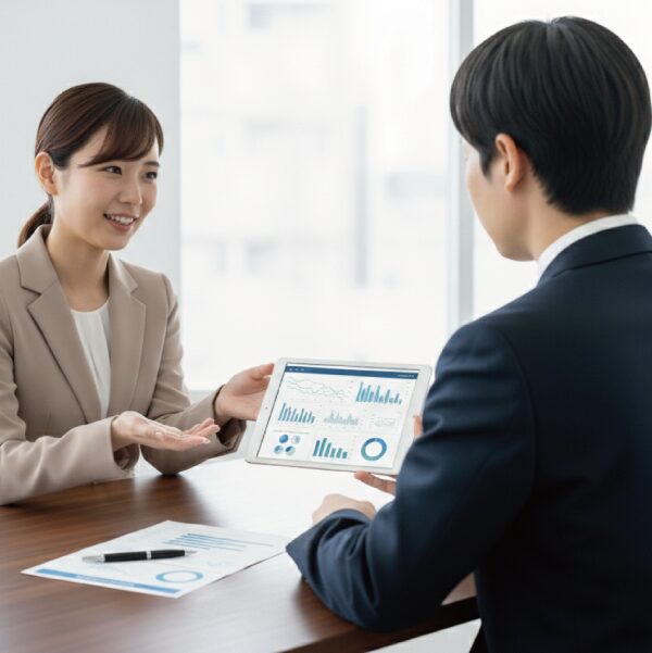 ポスティングにのプランを説明する女性